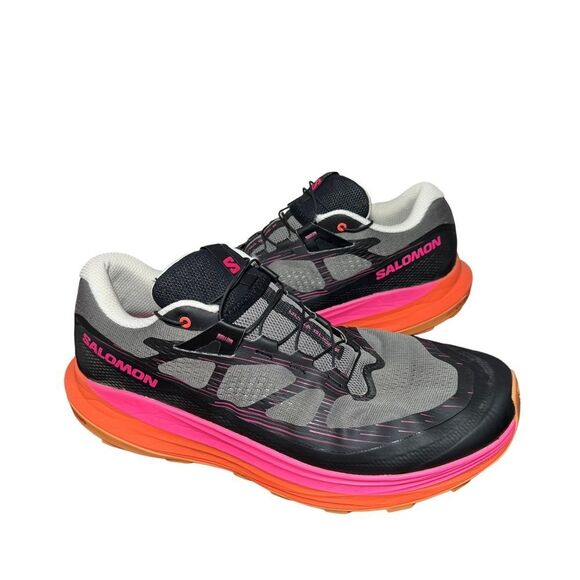 Salomon Gray Trail Shoe with Pink and Orange Midsole